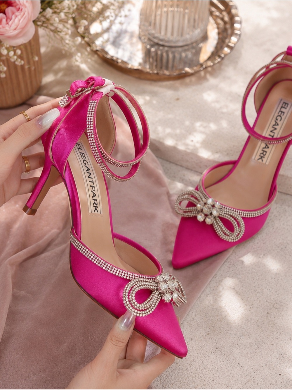 ElegantPark Fuchsia Rhinestone Bow Heels | Pointed Toe Ankle Strap Pumps